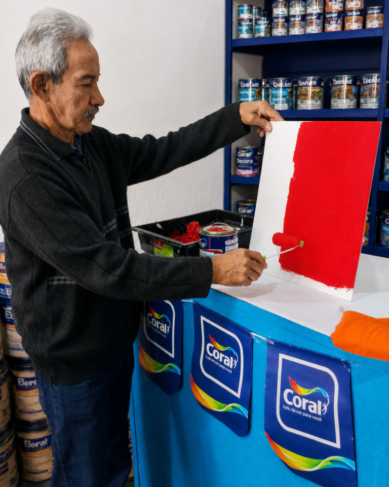 Profissional demonstra aplicação de tinta em loja